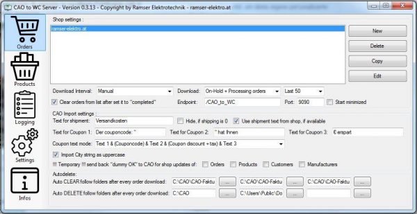 CAO_WC_Server Settings CAO Faktura WooCommerce Schittstelle Interface - Ramser Elektrotechnik Webshop