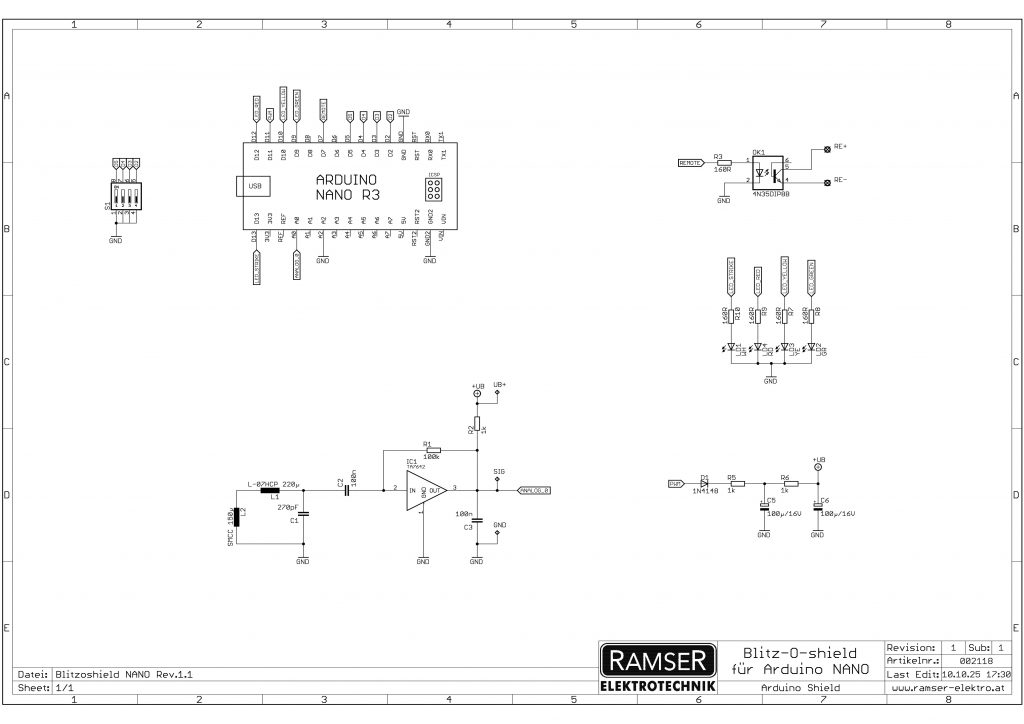 Blitz-o-shield - NANO R1.1 - Blitzdetektor Arduino Shield Ramser Elektrotechnik Shop 35