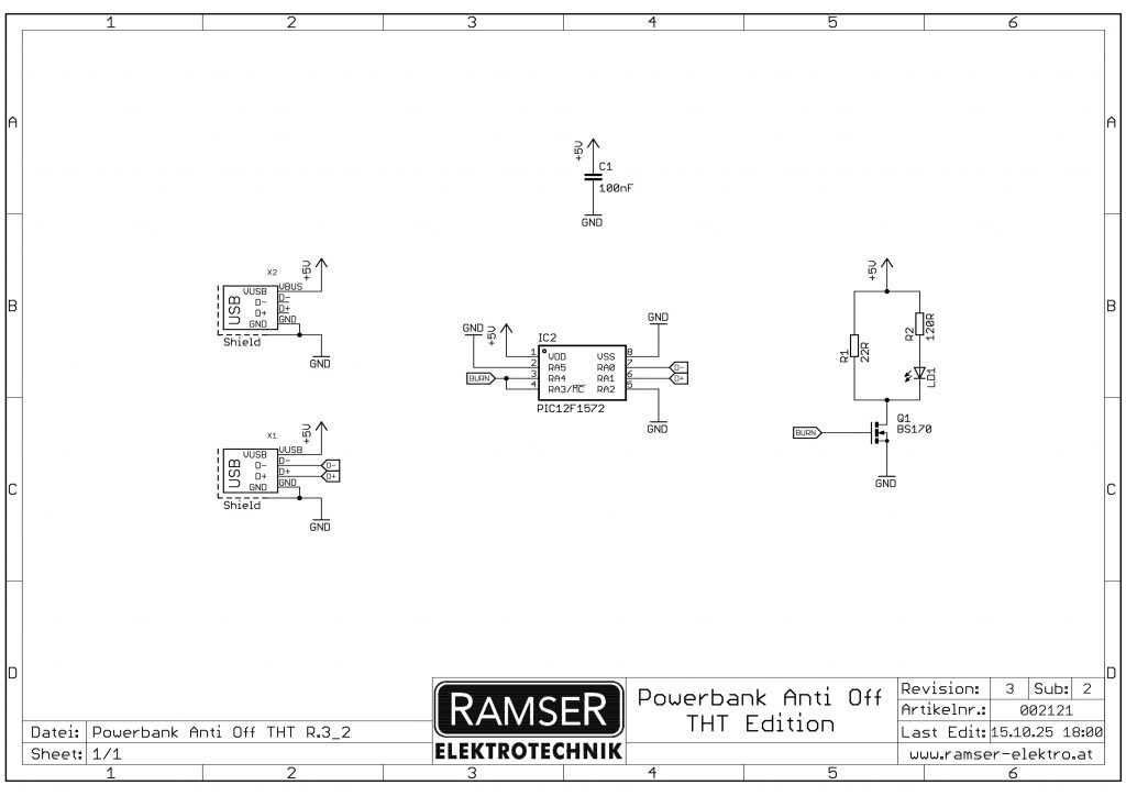Schaltplan für Powerbank Anti-Off THT Edition von Ramser Elektrotechnik mit verschiedenen Komponenten und Verbindungen.